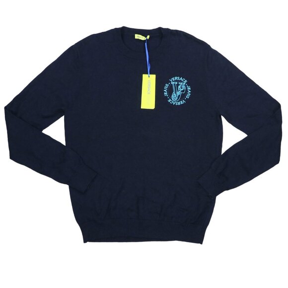 Versace Other - Versace Jeans 100% Cotton Crew Neck Embroidered Logo Pullover Sweater S NWT Navy